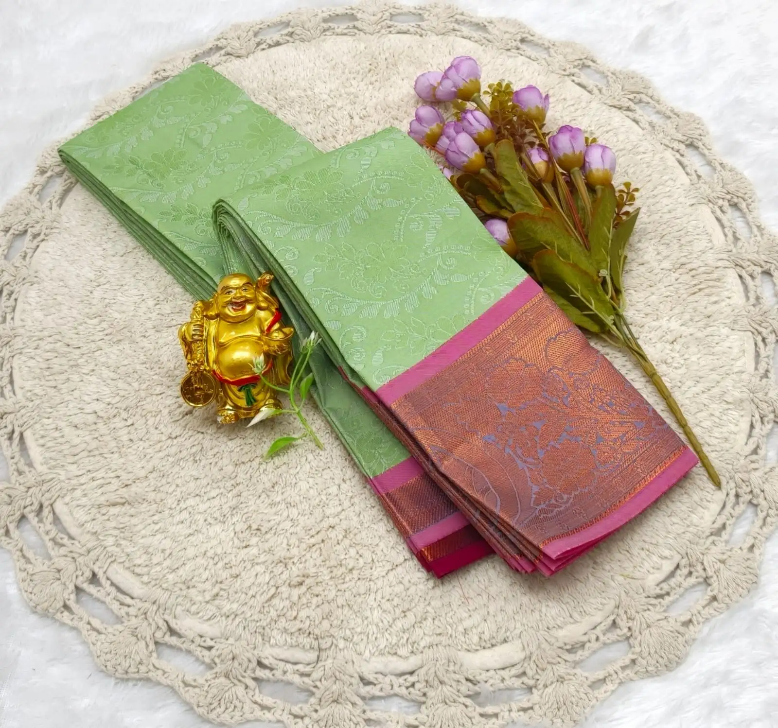 Narayana Pettai Leaf Green Peacock-Elephant Cotton Saree
